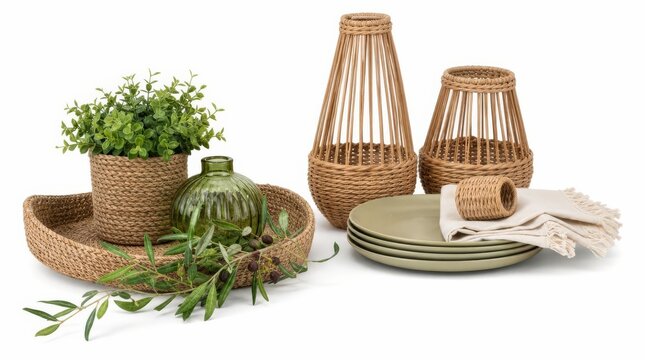 Geflochte Korbartikel und Geschirr im natuerlichen Boho-Stil