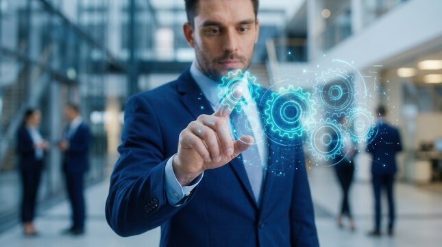 Businessman touching glowing gear icons to represent imagination and functional outcomes.
