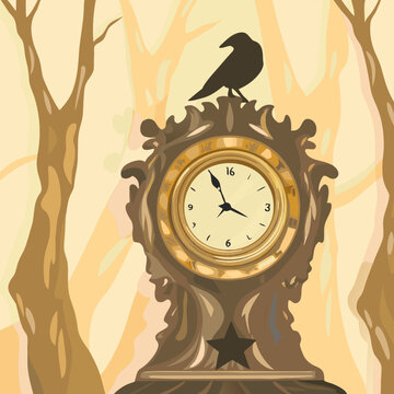 Halloween raven clock icon with antique gold frame and black bird silhouette antique clock