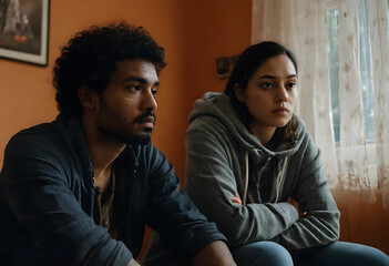 Obraz premium Relationship conflict and emotional distance, young couple sitting together at home feeling disconnected and unhappy with serious expressions in living room