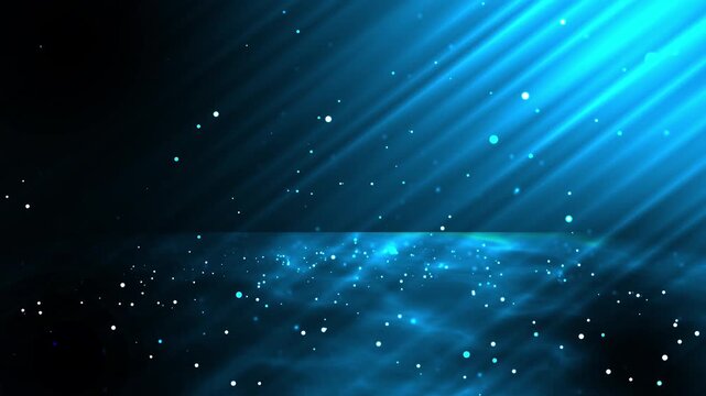 Blue light particles shining over dark stage motion graphics 4k animation. Blue light particles featuring diagonal rays shining over a dark surface with soft floating dust bokeh. 4k animation