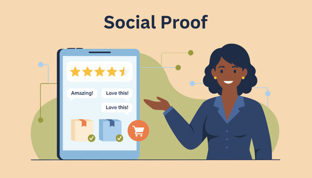 Professional woman presenting the concept of social proof using a tablet screen displaying high ratings and positive customer reviews.