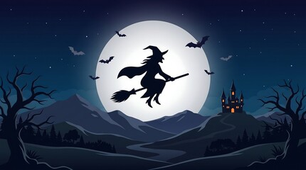 Fototapeta premium Witch flying on a broomstick against a full moon at night