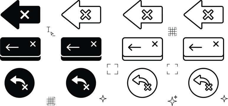 Keyboard backspace and delete key vector icon set with return arrow cancel button variations for user interface.