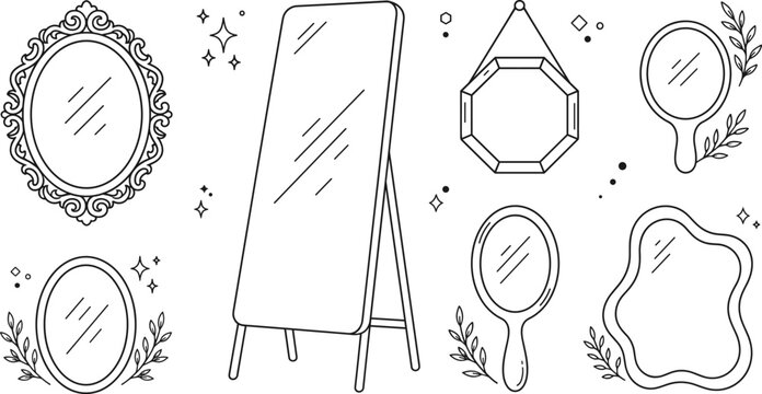 Vintage and modern mirror vector icon set featuring full length stand oval wall and handheld makeup symbols