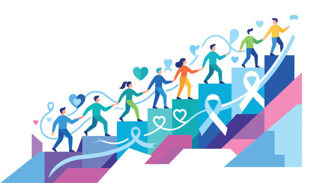 Diverse people climbing colorful rising steps holding hands in a flat vector illustration depicting community support unity cooperation awareness ribbons and shared goals for health and social 
