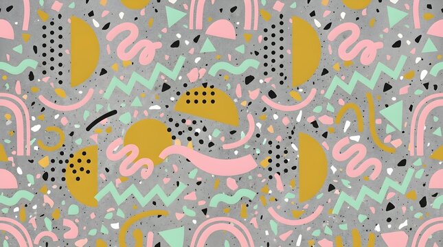 Playful terrazzo pattern with abstract Memphis style pastel shapes on textured concrete gray stone background.
