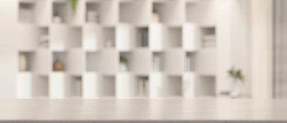 3D Wooden Table Countertop with Blurred Modern Bookshelf Background © marinee