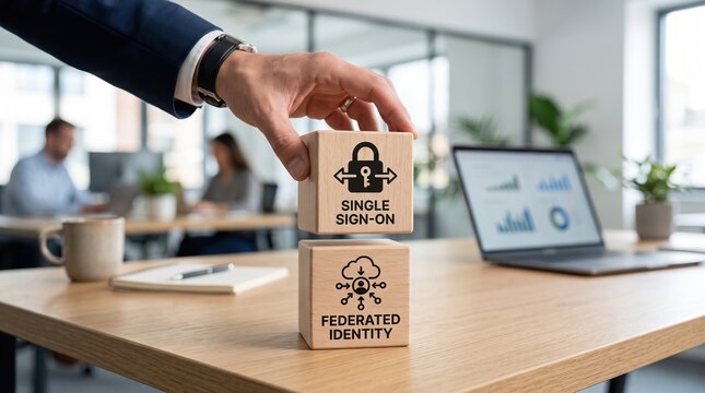 Businessman holding wooden blocks with single signon and federated identity icons for digital authentication security