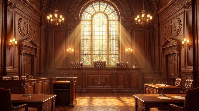 A beautifully designed courthouse interior with grand architecture, featuring light streaming through stained glass, emphasizing the importance of justice and law.