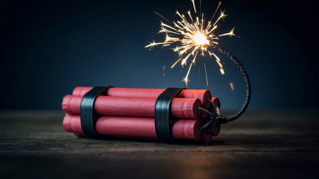 Dynamite Bundle with Sparking Fuse Representing Explosion, Danger, and Destruction