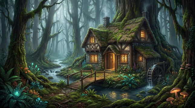 An enchanting cottage nestled in a mystical forest, adorned with lush greenery and whimsical features, creating a magical atmosphere reminiscent of classic fairy tales and imagination.