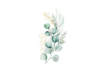Elegant floral arrangement with eucalyptus and golden accents on black background for luxury branding and wedding designs transparent background  © pixcelstudiopro