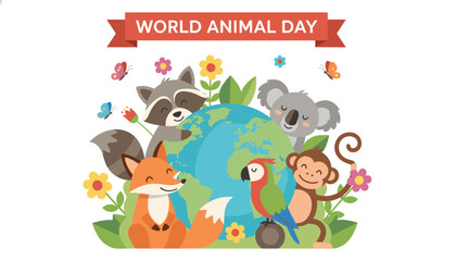 Fototapeta premium World animal day illustration features variety of happy wild animals including raccoon koala fox parrot and monkey.