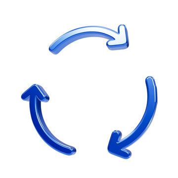 Glossy blue triple arrow rotation sync symbol forming a triangular cycle on a black background reload
