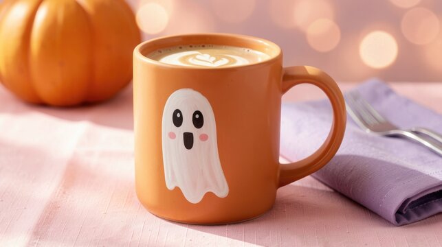 Ghost-themed coffee mug with pumpkin on a festive table setting  