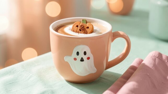 Cute ghost mug with pumpkin topping on a pastel table setting. Halloween  