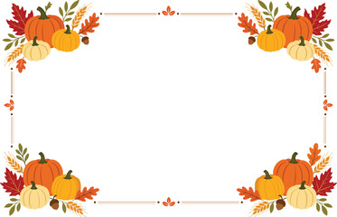 Fototapeta premium Thanksgiving Day Decorative Border Vector Illustration with Pumpkins, Corn, Wheat, Autumn Leaves and Ornamental Swirls, Harvest Festival Frame Design