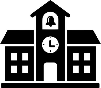 School building silhouette with bell tower and clock during daytime isolated on transparent background