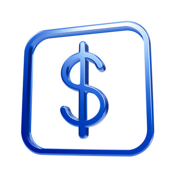 Vibrant blue 3d dollar currency symbol inside a rounded square geometric frame on black background sign