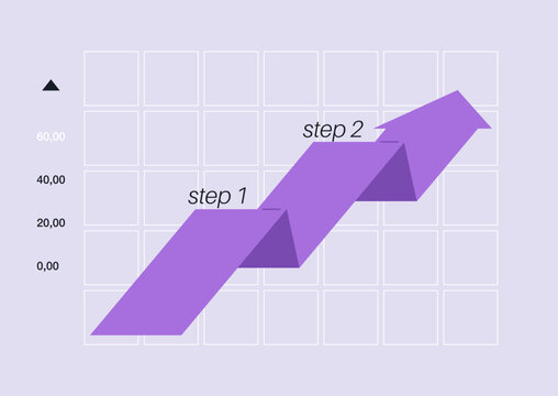 Colorful arrows climb steadily towards success, marking five distinct steps on a grid background, showcasing the journey of advancement and achievement over time.