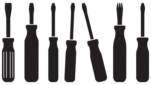 Set of seven different screwdrivers in black silhouette