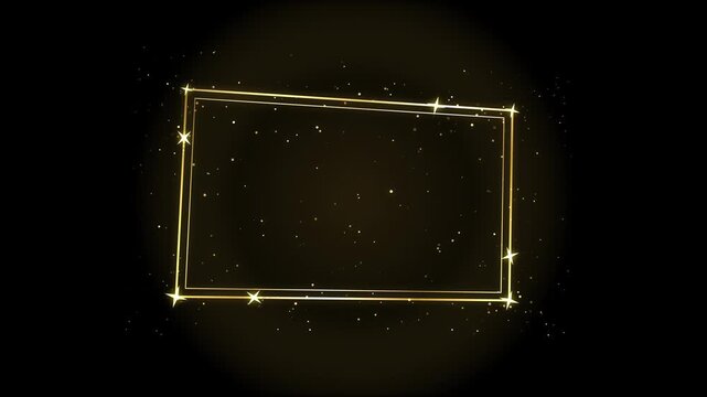 Golden rectangular frame with sparkling particles and glowing light overlay rectangle border luxury