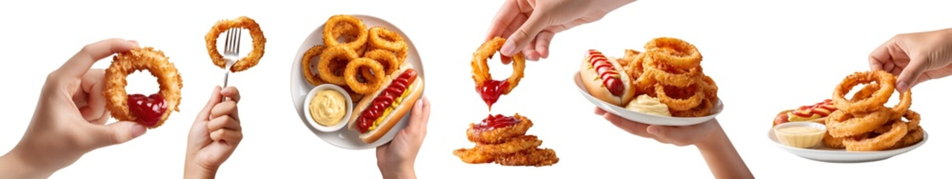 Set of hand holding pile stack bitten calamari squid onion rings, golden fried crispy battered breaded crunchy, fork, plate with hotdog set meal, chili ketchup dip, transparent cutout PNG Mockup