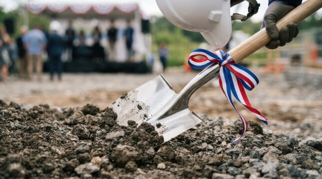 Ceremonial shovel cutting dark soil with tricolor ribbon, polished wood handle, hardhat, and gravel at a construction groundbreaking