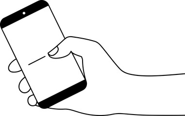 Obraz premium A hand holding a black smartphone with a blank white screen, depicted in a simple black and white line style.