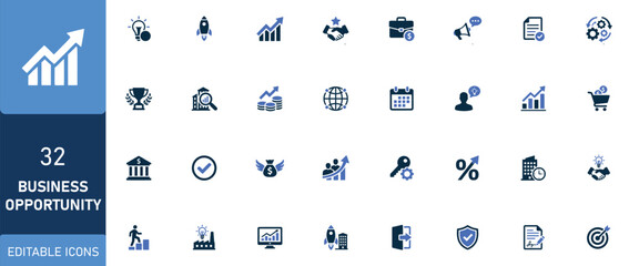 Fototapeta premium Professional business and finance vector graphics featuring a comprehensive editable icon set for modern digital projects