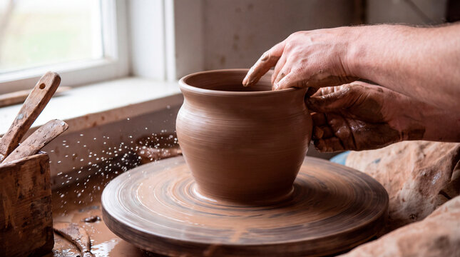 Skilled hands shape wet clay vase on spinning pottery wheel closeup view