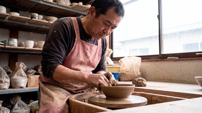 Focused potter shapes clay bowl on wheel surrounded by ceramic shelves