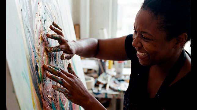 Woman presses paint covered hands against colorful abstract canvas laughing
