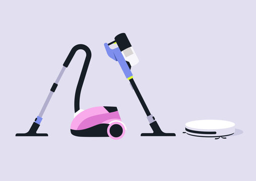 A charming array of domestic chores tools stands on display, showcasing a vacuum cleaner, stick vacuum, and a robotic cleaner, ready to conquer dust and dirt in a cozy home.