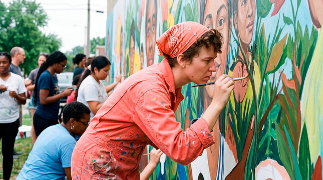 Focused muralist paints portrait detail while volunteers work along wall