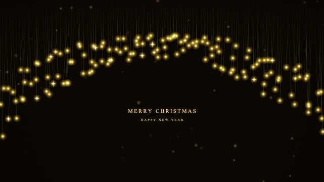 Merry christmas and happy new year gold hanging lights background, animation holiday