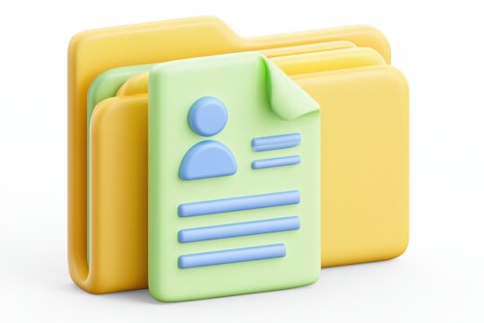 3d render of a yellow file folder containing a green document with a user profile icon, isolated on white background
