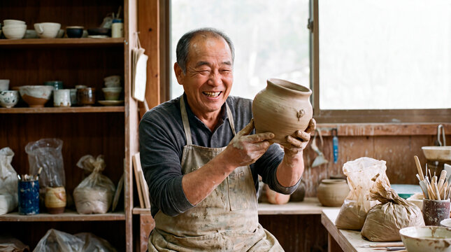 Delighted senior potter admires freshly thrown clay pot in cluttered studio