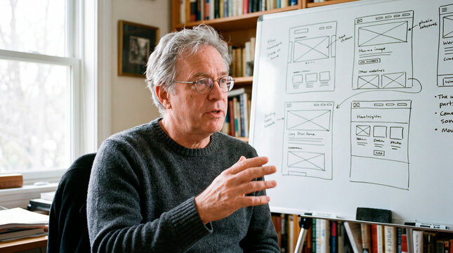 Experienced designer sketches wireframe layout on whiteboard during meeting