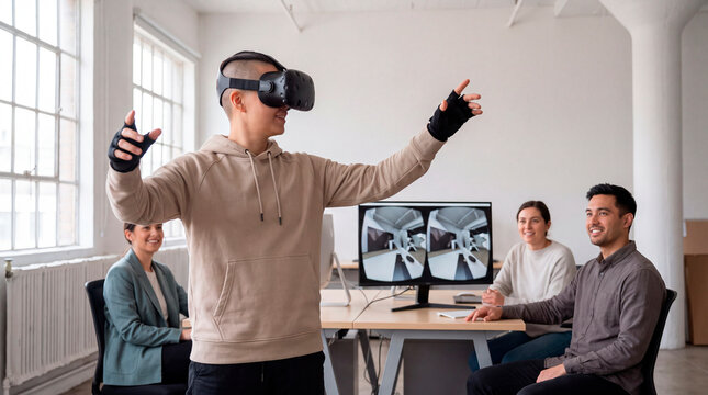 Man wearing VR gear reaches toward virtual scene as colleagues observe