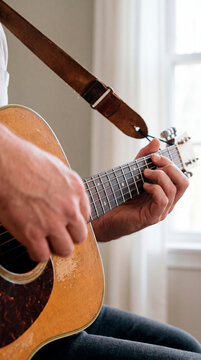 Musician fingers press guitar strings along weathered wooden fretboard