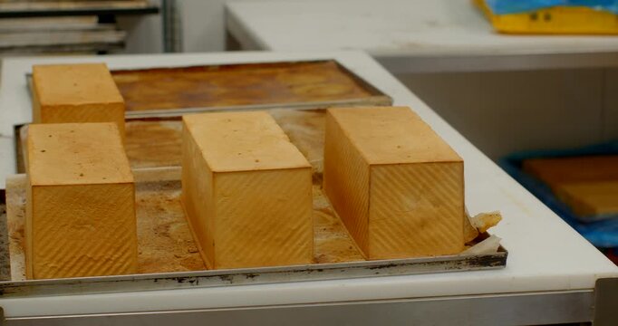 close-up view of multiple rectangular golden-brown loaves arranged on metal sheet pans set on stainless steel cart inside industrial bakery, loaves display uniform