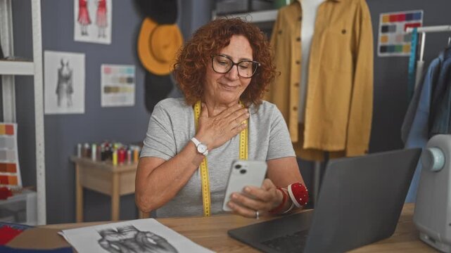 Woman dressmaker holding smartphone, hand to chest beside laptop, sewingmachine, measuring tape and fabric sketches on table in studio; gratitude creativity.