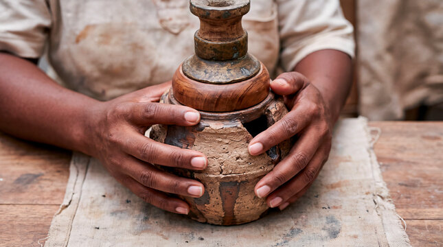 Artisan hands cradle weathered ceramic vessel with wooden lid on table
