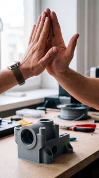 Coworkers high five above finished 3D printed mechanical part on workbench