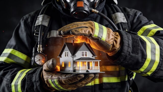 Conceptual representation of home fire insurance with firefighter
