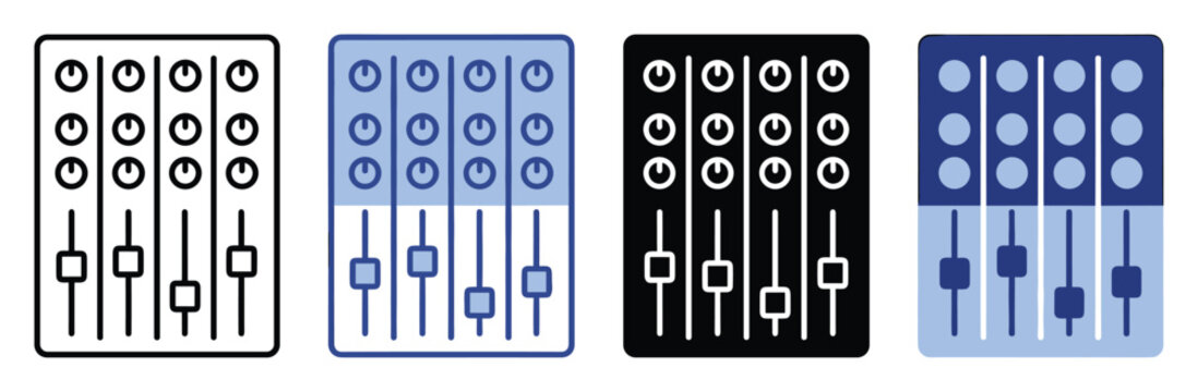 Audio mixing console icon set showing music mixer board, sound equalizer, volume sliders and knobs in outline, glyph and flat color vector style