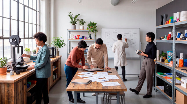 Creative team collaborates around workbench while colleague sketches on whiteboard