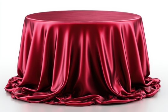 A round table covered with a luxurious deep red satin tablecloth draped elegantly to the floor, isolated on white background